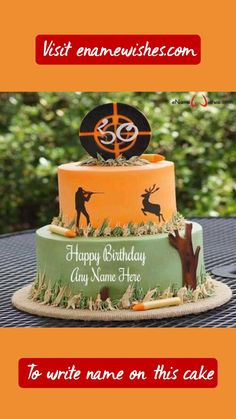 a three tiered cake with an orange and green frosting decorated with the logo of golf