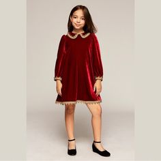 This Enchanting Velvet Dress Features A Peter Pan Collar, Gathered Princess Sleeves, And Gilded Trimming Along The Collar, Sleeves, And Hemline. Color: Wine/Nude Dry Clean Kids Velvet Dress, Velvet Dress Pattern, Tadashi Shoji Dresses, Princess Sleeves, Tadashi Shoji, Pan Collar, Peter Pan Collar, Cool Baby Stuff, Velvet Dress