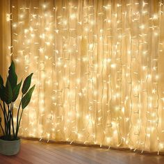 the curtains are covered with lights in front of a window