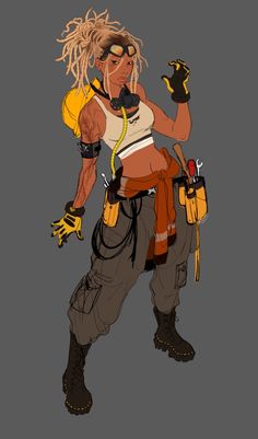 a drawing of a man with dreadlocks and safety gear