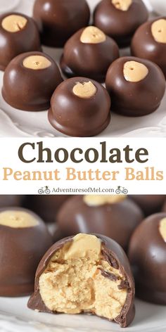 chocolate peanut butter balls on a white plate