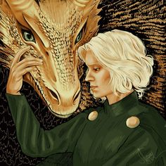 a painting of a woman with blonde hair and green shirt next to a golden dragon