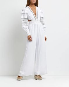 White Jumpsuit, Long Puff Sleeves, Wide Leg Jumpsuit, Sleeve Detail, Holiday Dresses, Dress Accessories, River Island