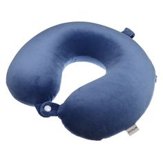 the neck pillow is blue and has a button on it