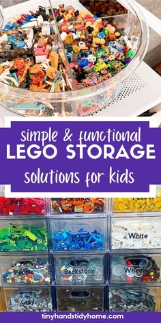 Legos sorted by type and color in drawers and a rotational bin. The text over the image reads, "simple and functional Lego storage solutions for kids". Lego Storage In Cubes, Under Stairs Lego Room, Classroom Lego Storage, Clear Lego Storage, Boy Room Organization Ideas, How To Organize Legos, Lego Organization Storage Solutions, Lego Storage Ideas Ikea