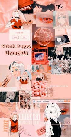 an anime collage with many different pictures and captioning them in pink tones