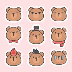 six brown teddy bears with different hats and scarves