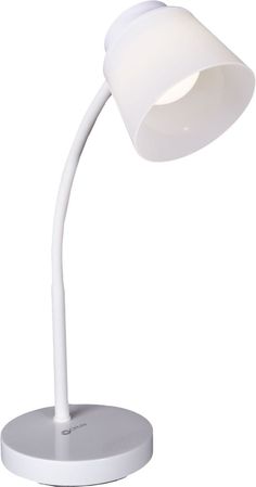 a white desk lamp with a dim light on the top and bottom part of it