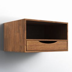 a wooden shelf with two drawers on the side and one drawer open to reveal something