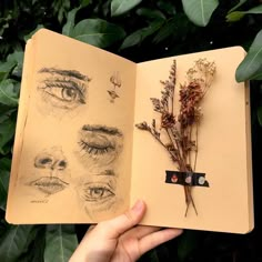 a hand holding an open book with drawings and flowers on it, in front of some leaves