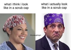 two people with scrubs on their heads and one has a funny look at the camera