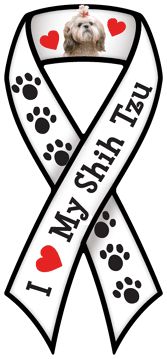 a white ribbon with black and red paw prints on it that says i love my shih tzu