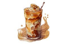 a painting of a drink with ice cream and cinnamon in it, on a white background