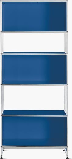 a blue shelf with three shelves on each side