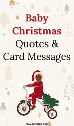 baby christmas quotes and card messages with santa riding a bike in front of snow covered trees