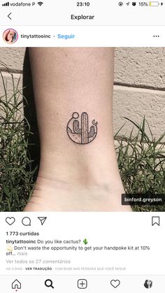 a small cactus tattoo on the ankle, with words above it and an arrow in the middle