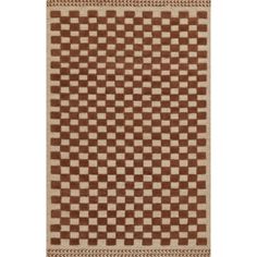 a brown and white rug with checkered pattern on the bottom, in front of a white background