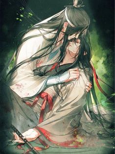 an anime character with long black hair and white dress holding her arms around her chest