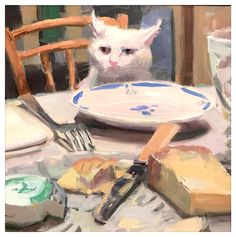 a painting of a white cat sitting at a table with food and utensils