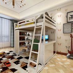 a bedroom with a bunk bed and desk in it