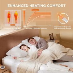 a man and woman laying in bed with the words enhanced heating comfort on it's side