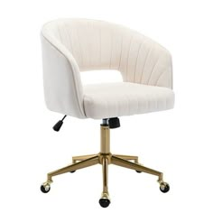 an office chair with wheels and casteors on the back, in white upholstered fabric