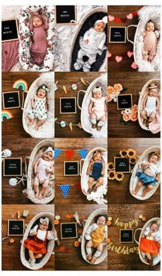 multiple pictures of babies laying on their stomachs and posing for the camera, with hearts around them