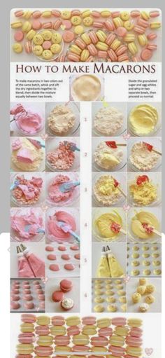 the instructions for making macarons are shown in this poster, and there is also an image of macaroni's