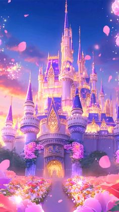 the castle is surrounded by pink flowers and confetti floating in the air above it