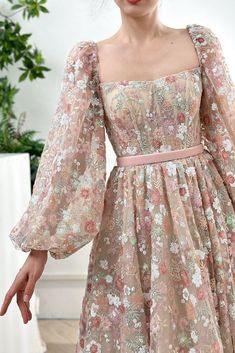 Floral High Tea Dresses, Pink Gowns Dresses, Floral Gown Designs, Birthday Style Dresses, Graduation Dresses Modest, Birthday Dress Inspiration, Corset Dress Long Sleeve, Club Dress Outfits, College Outfits Black