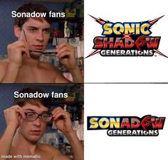 two different logos for sonic shadow generations, one with glasses and the other with no shirt