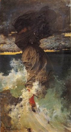 a painting of a person with an umbrella in the water