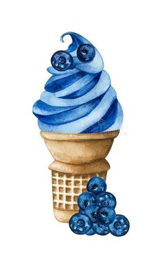 an ice cream sundae with blueberries in a waffle cup on a white background royalty free illustration