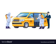 two men in suits are standing next to a yellow van with the door open and another man