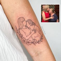 a woman with a tattoo on her arm hugging another woman's neck and holding the other