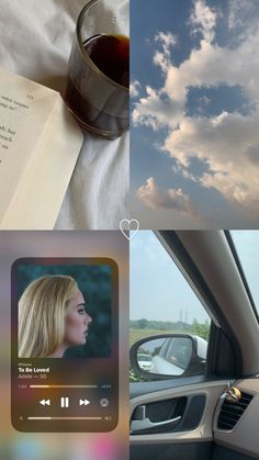 a collage of photos with an open book and a cup of coffee in the passenger seat