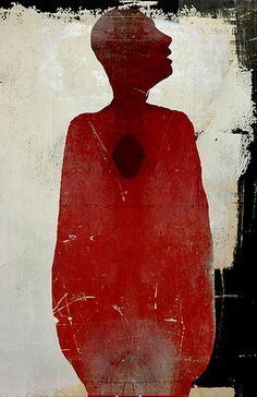 an abstract painting of a person with a red shirt and black tie, standing in front of a white background