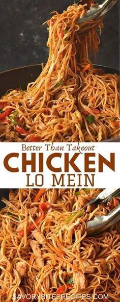 chicken lo mein is being served in a skillet with tongs and the words, better than takeout chicken lo mein