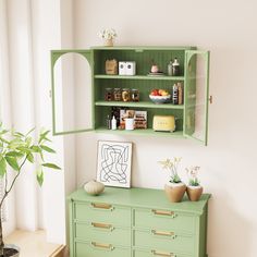 a green cabinet with plants and pictures on the top shelf next to a potted plant