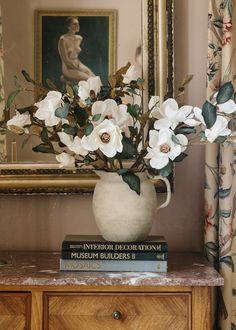 Faux Spring Flowers Magnolia Branch in Cream Magnolia Stems In Vase, Dining Room Flower Arrangements, Magnolia Floral Arrangements, Magnolia Flower Aesthetic, Magnolia Flower Decor, Magnolia Decor Ideas, Winter After Christmas Decor, Fake Floral Arrangements, Neutral Floral Arrangements