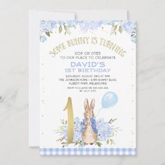 some bunny is turning 1st birthday party card with blue flowers and gold foil on it