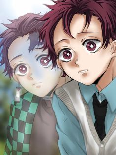 two anime characters one with red hair and the other with blue eyes, are looking at the camera