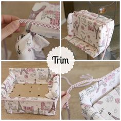 the instructions for making an origami box with wrapping paper and twine tied around it