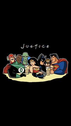 some cartoon characters sitting at a table with drinks in front of them and the words justice written