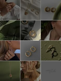 the collage shows many different types of earrings and necklaces, including gold jewelry