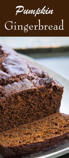 a loaf of pumpkin gingerbread bread on a plate with the title in the middle