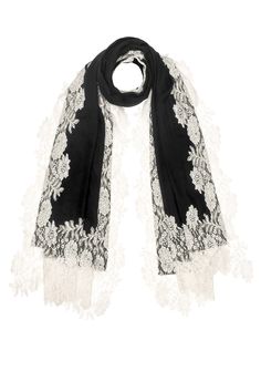 This black scarf is an all time classic. Woven from a fine silk and wool blend, it features a contrasting beige floral lace border making for the perfect any time wear accessory whilst keeping you comfortably warm. For a casual or formal look, this is a must - have in every woman's wardrobe. Elegant Black Shawl Scarves, Elegant Shawl Scarf With Lace Trim, Black Silk Shawl For Formal Occasions, Black Silk Formal Shawl, Elegant Lace Shawl Scarves, Elegant Lace Trim Shawl Scarf, Elegant Black Lace Shawl, Elegant Black Silk Scarves, Gifted Hands