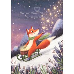 a painting of a fox sledding down a hill with stars in the sky