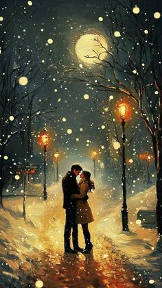 a painting of two people kissing under an umbrella in the snow at night with street lights