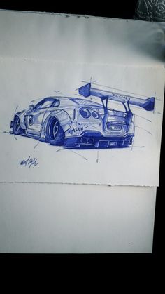 a drawing of a race car is shown in blue ink on white paper with an airplane attached to it